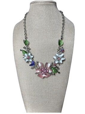 Floral Enamel Statement Necklace in Pink, White & Green